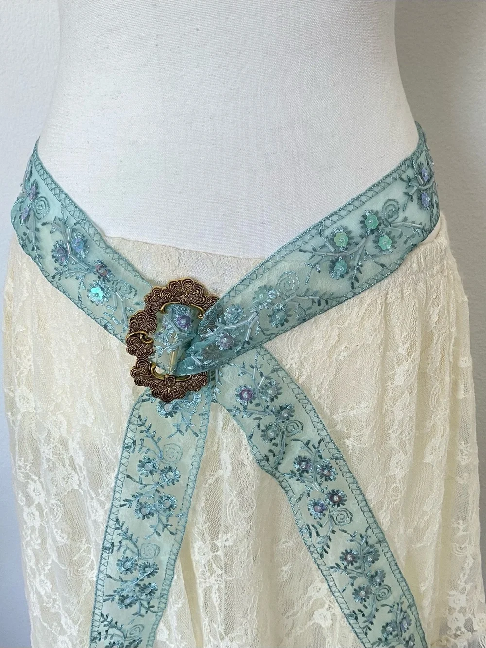 Embroidered Teal Coquette Ribbon Belt with Antique  Design Gold Buckle